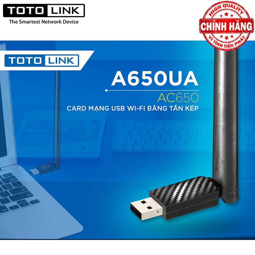 USB Thu WiFi Băng Tần Kép 5Ghz và 2.4Ghz - TotoLink A650UA ( Chuẩn MU-MIMO / AC650 ) tốc độ 650Mbps