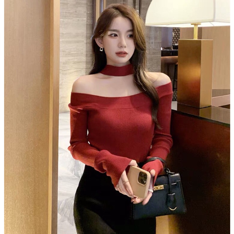 Áo dệt kim tay dài hở vai dáng ngắn thời trang mùa thu