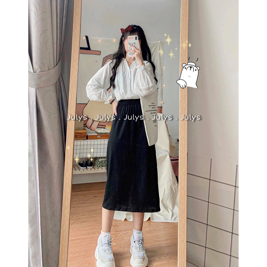 Chân Váy Thun Dáng Dài Hai Màu Nữ ♥ Váy bánh bèo suông trơn chun lưng cao basic ĐEN | XÁM Ulzzang HOT