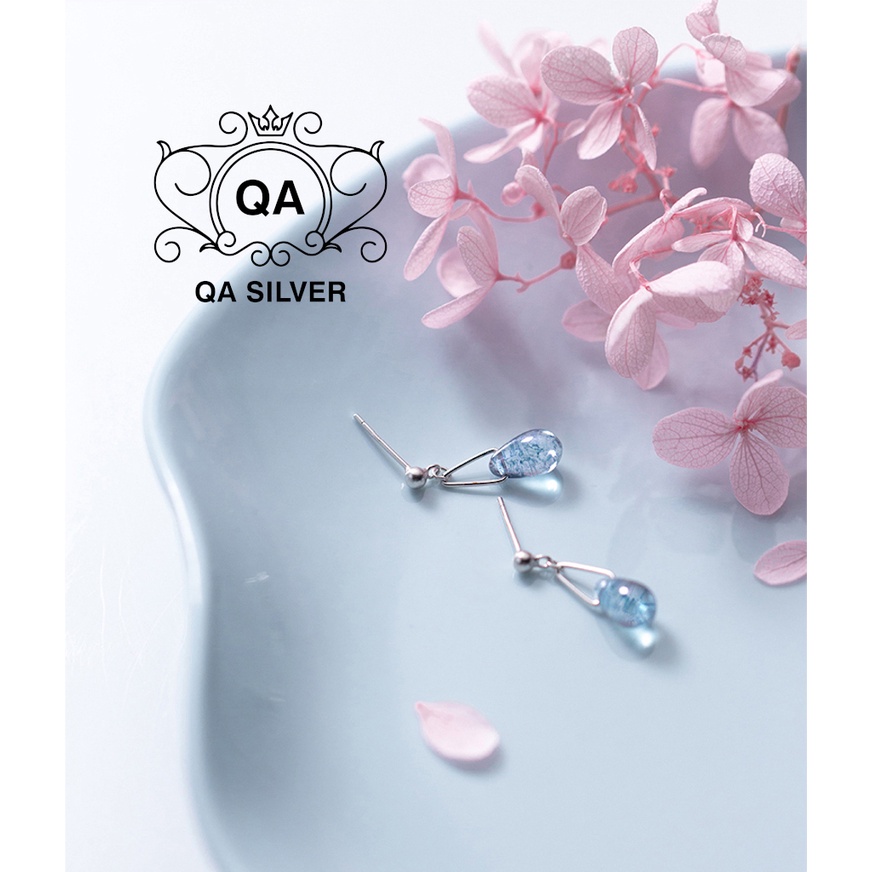 Khuyên tai bạc 925 giọt nước bông mặt đá vân xanh nữ S925 DEWDROP Silver Earrings QA SILVER EA180903