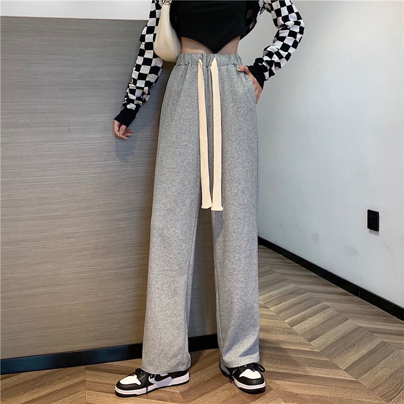 Quần Cotton Lưng Cao Ống Rộng Phối Dây Rút Phong Cách Hàn Quốc Thời Trang Mùa Đông Cho Nữ