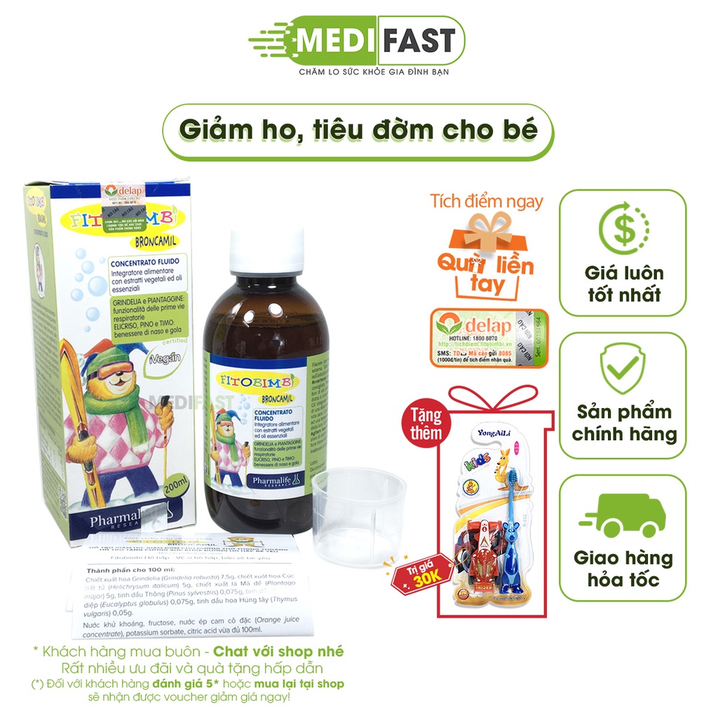 Broncamil Bimbi - Giúp bé hết ho, tăng cường sức khỏe đường hô hấp cho trẻ - Chai 200ml nhập khẩu từ Ý