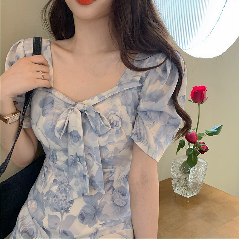 ĐẦM HOA SƠN DẦU CỔ THẮT NƠ DÁNG CHỮ A NHẸ NHÀNG VINTAGE CÔ GÁI HÀN QUỐC