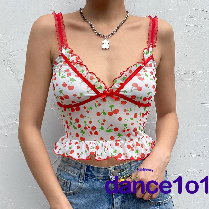 Áo Hai Dây In Hình Trái Cherry Gợi Cảm Cho Nữ