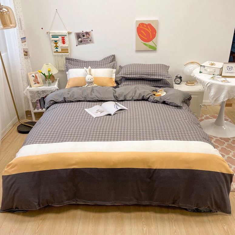 Bộ chăn ga gối Cotton poly Miha bedding kẻ caro, vỏ chăn mền, drap ga giường và 2 vỏ gối- miễn phí bo chun