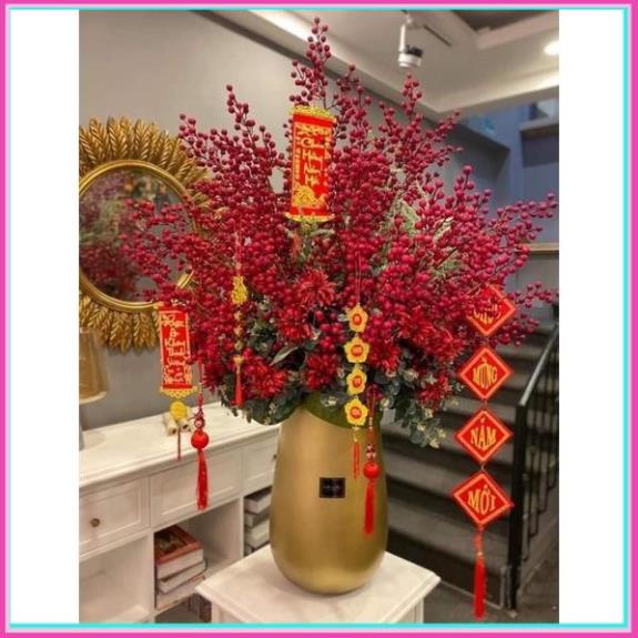 Hoa giả, cành đào đông đỏ cherry nổi bật trang trí nhà cửa, công ty sang trọng