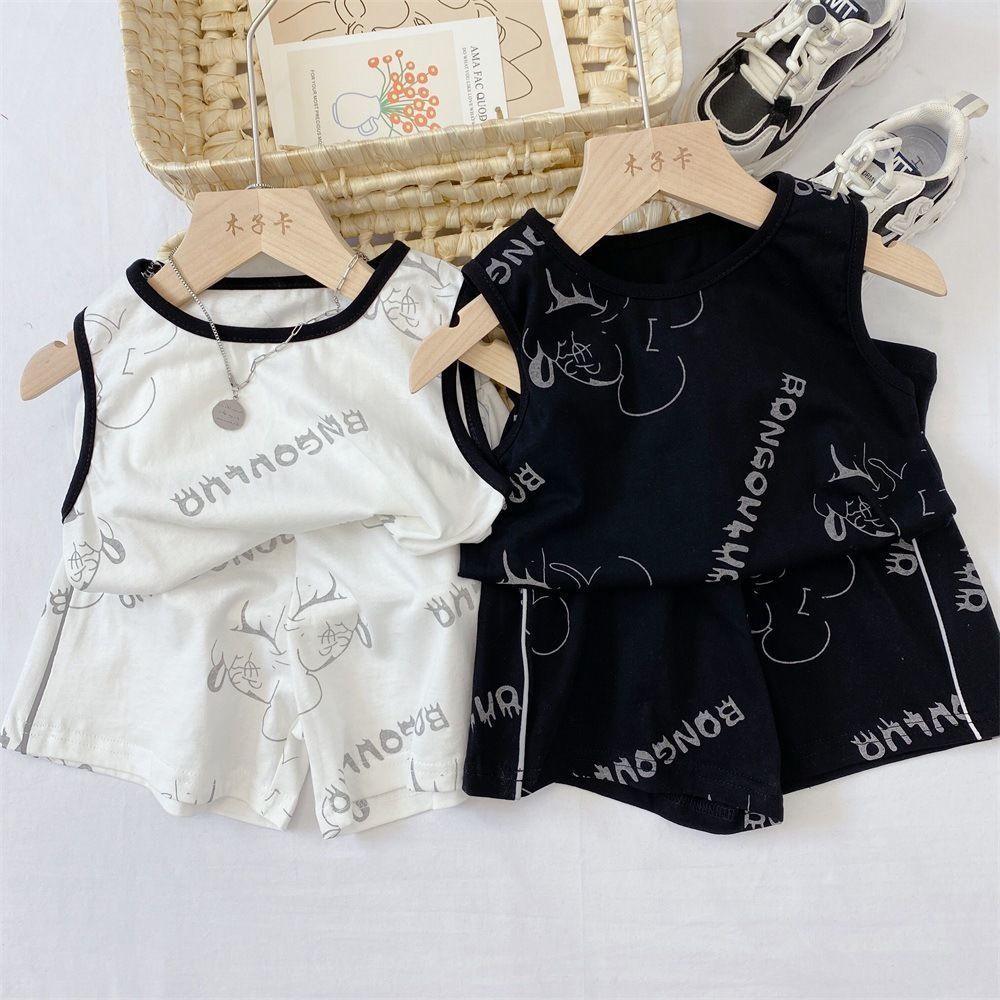 Set Đồ Mùa Hè 5 Món Gồm Áo Ba Lỗ Cotton Trơn Cổ Tròn In Họa Tiết + Quần Ngắn Cho Bé Trai / Gái