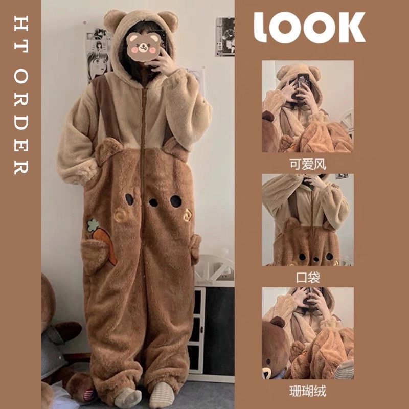 ORDER_ Bộ Ngủ Bông Gấu Nâu Liền Người Ulzzang