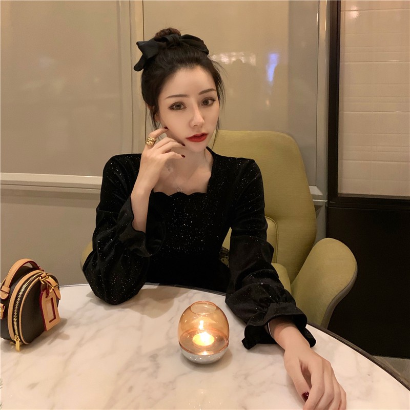 Đầm đen tay dài cổ vuông bling bling phối váy lưới 2 mảnh ulzzang