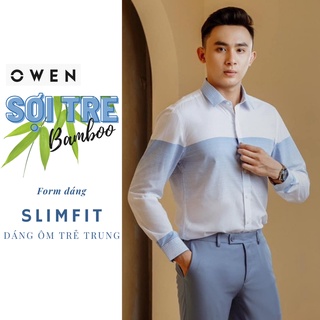 OWEN - Áo sơ mi dài tay Owen Slimfit chất sợi tre màu trắng sọc xanh 23305