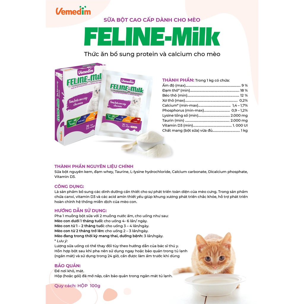 Sữa bột cao cấp cho mèo - Feline Milk (100g)