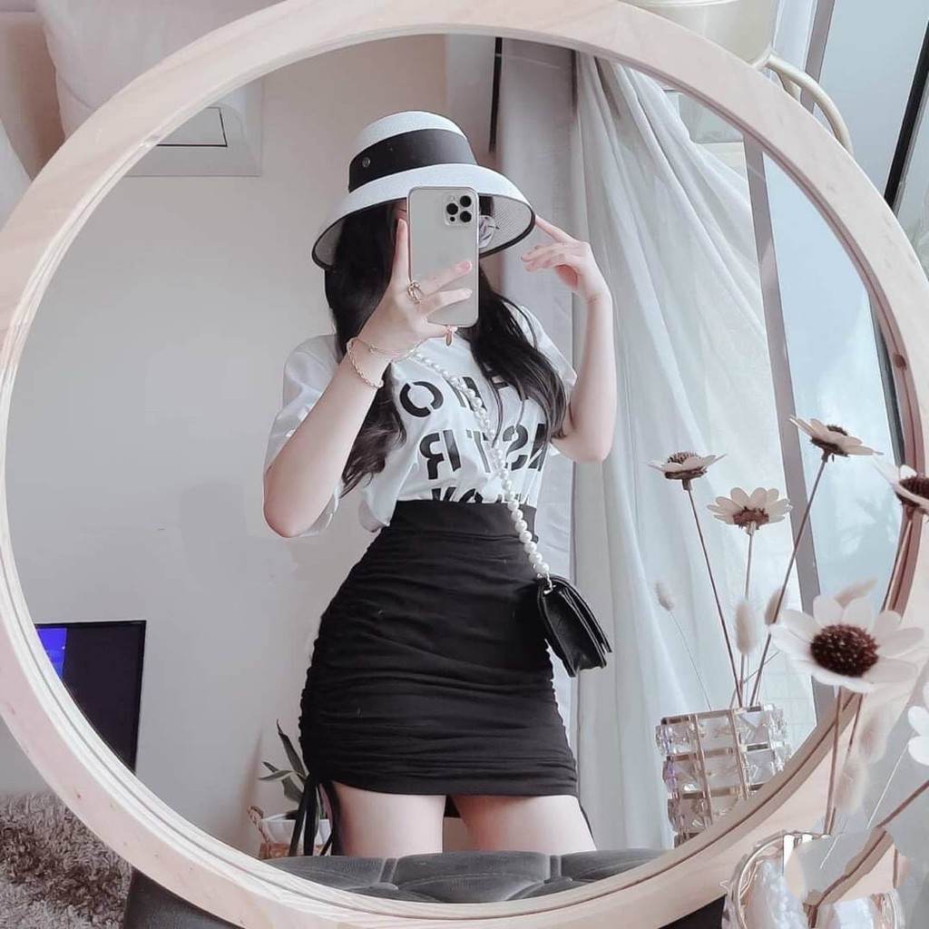 Set Bộ Áo Phông In Chữ Và Chân Váy Ôm Rút Dây Hai Bên Thời Trang Nữ Rose Fashion