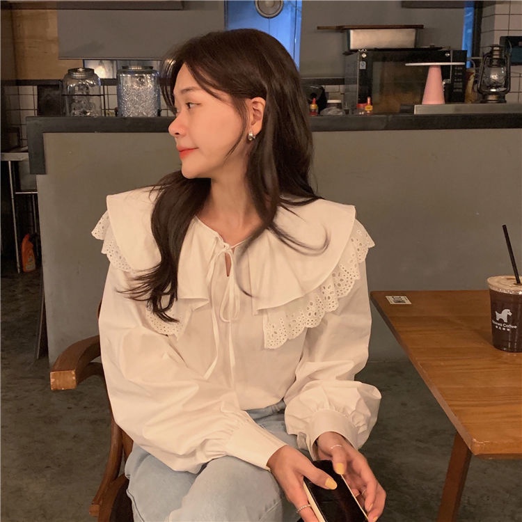 Áo kiểu cổ búp bê viền bèo thời trang ngọt ngào 2021 dành cho nữ