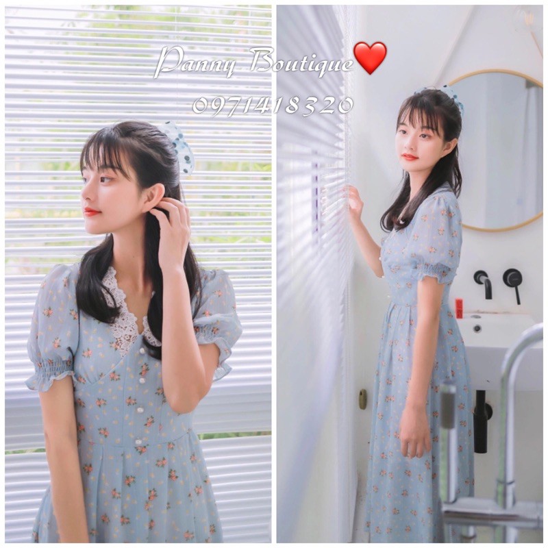 [Order có ảnh thật] Váy hoa nhí cổ V phối ren tay nhún nút ngọc 🌟, style ulzzang Hàn Quốc 🌻 Panny Boutique 🌻