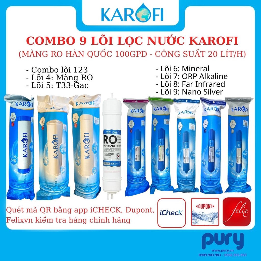 TRỌN BỘ 9 LÕI LỌC NƯỚC KAROFI CHÍNH HÃNG(Bộ123,Màng RO HÀN QUỐC,T33,Mineral, Alkaline, Far Infrared, Nano Silver))