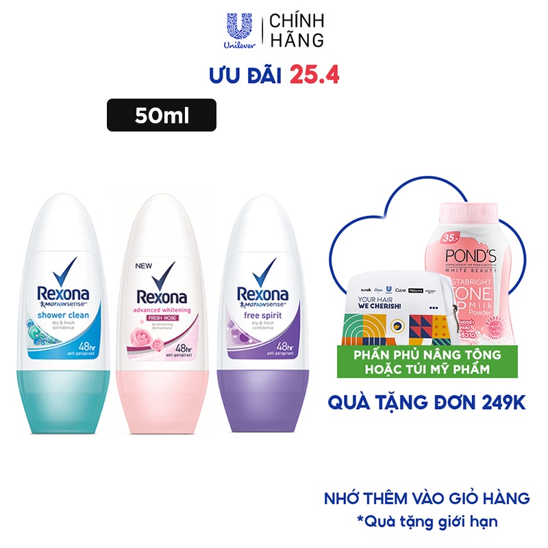 Lăn khử mùi Rexona dưỡng sáng tự nhiên, khô thoáng tối ưu dành cho nữ, 50ml