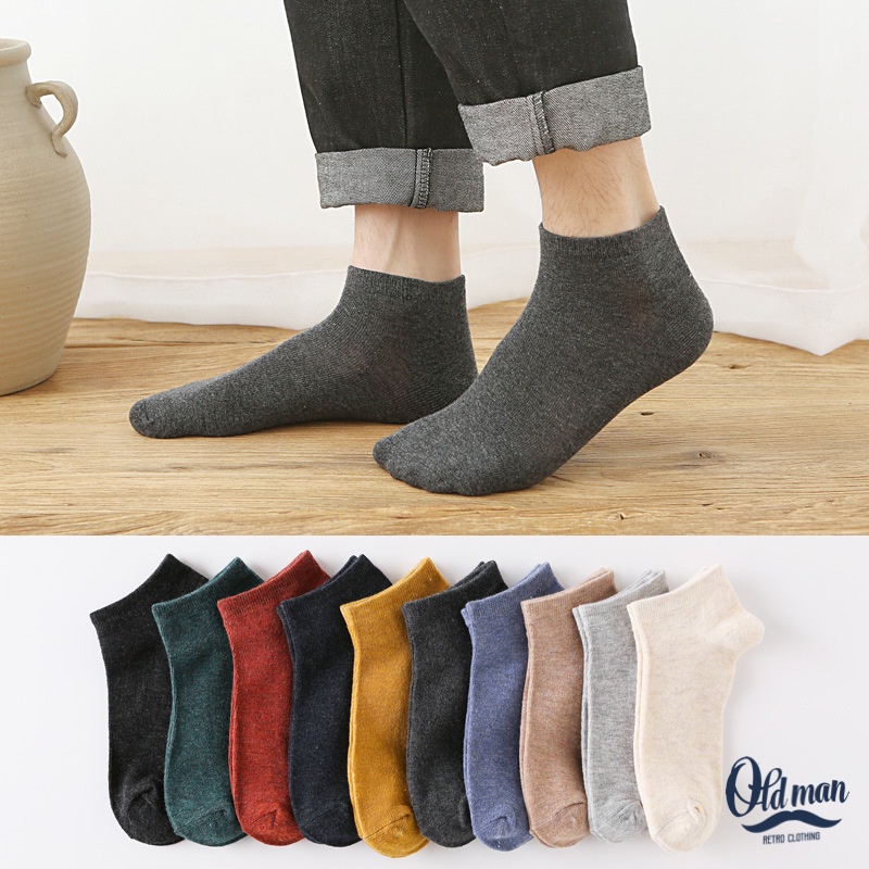 Tất Vintage Nam Nữ, Vớ Cotton Trơn Nam Retro Cổ Lửng Thời Trang, Thể Thao Hàn Quốc OLDMAN