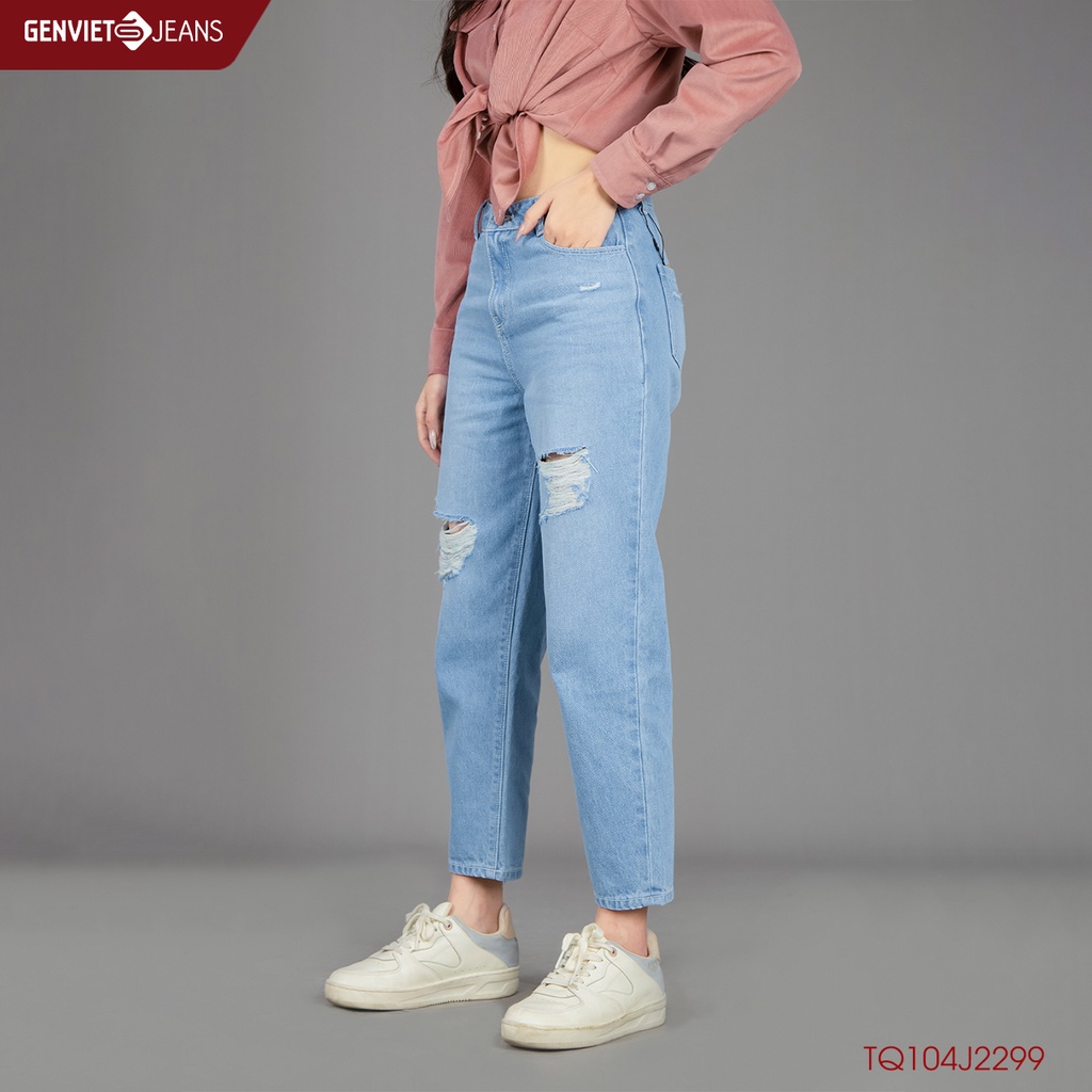 Quần Jeans Nữ Genviet Bò Jean Baggy Rách Gối Đùi Cạp Cao Chất Bò Mềm Cao Cấp TQ104J2299