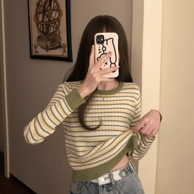 Áo Thun Tay Dài Cổ Tròn Họa Tiết Kẻ Sọc Đơn Giản Phong Cách Hàn Quốc Thời Trang Hàng Mới Cho Nữ | BigBuy360 - bigbuy360.vn