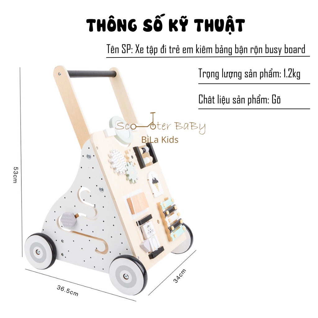 Xe tập đi cho bé kiêm bảng bận rộn busy board BILA KIDS chống trơn trượt, đẩy baby mẫu mới 2022