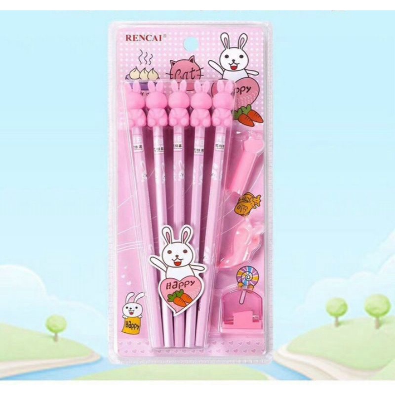 Set 10 bút chì HB, chuốt, gôm, cá đệm tay, nắp đậy cho bé