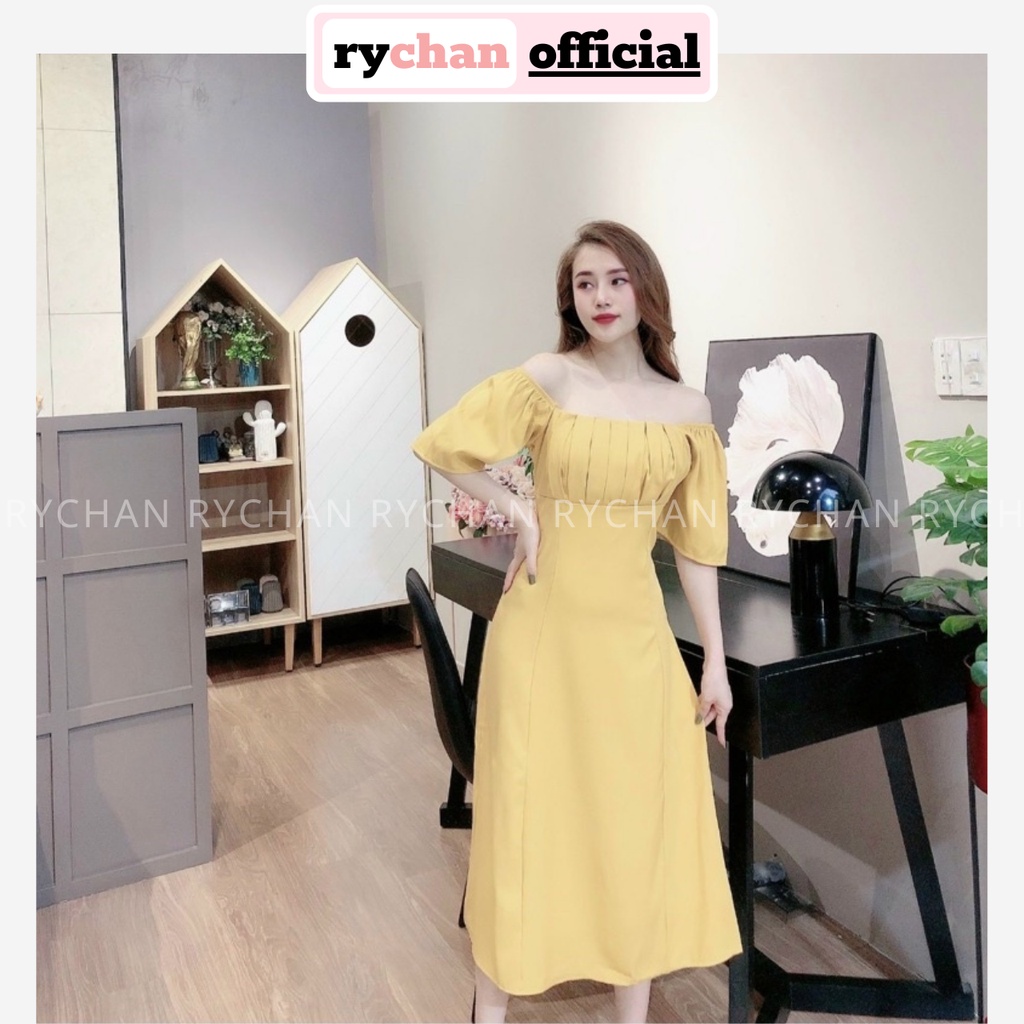 Đầm Nữ Dự Tiệc Cổ Vuông Xếp Li Ngực Thắt Eo Cực Màu Hồng Trắng Vàng Đỏ [ẢNH THẬT CUỐI] - DX9932