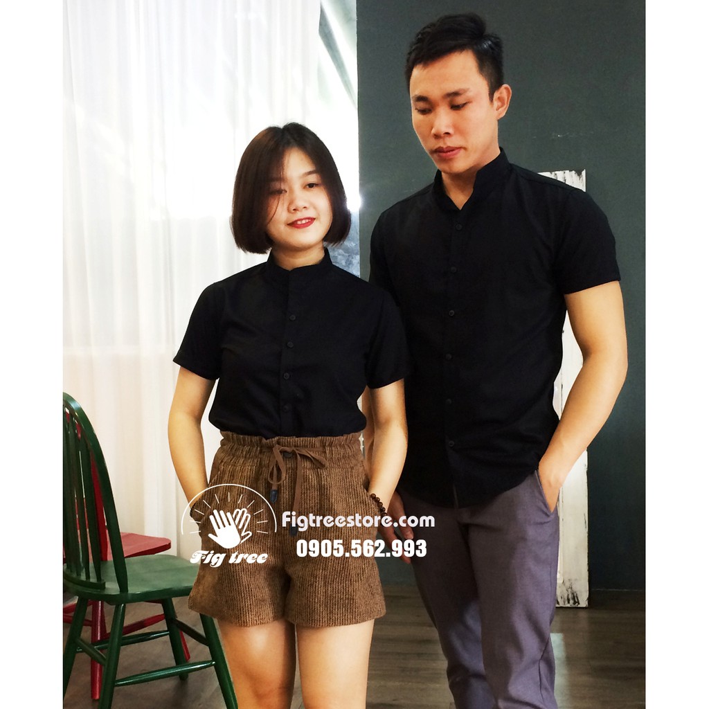 Áo sơ mi đôi tay ngắn cổ trụ màu đen
