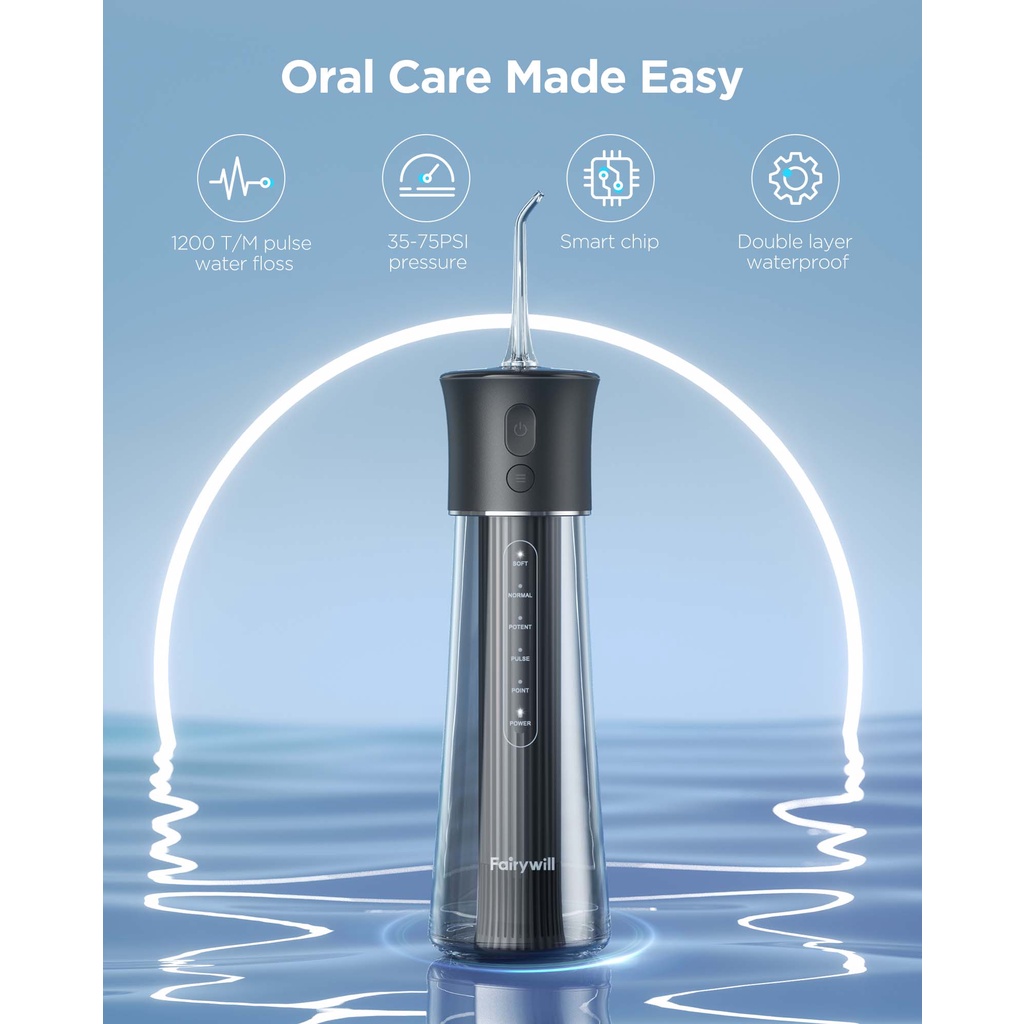 Máy tăm nước cầm tay Fairywill F30 với 6 đầu thay thế và bình nước 300ml