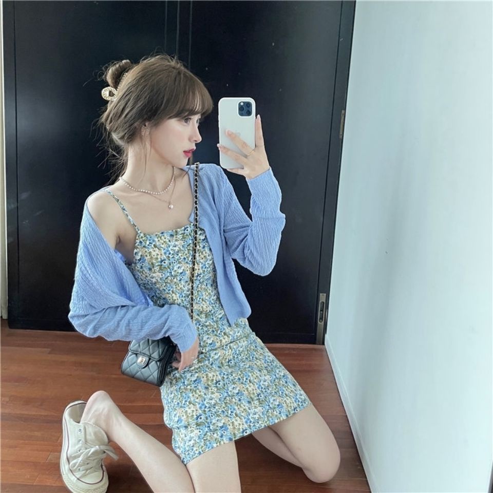 AMOI Bộ Đầm Hai Dây Dáng Rộng Họa Tiết Hoa Hợp Thời Trang Cho Nữ