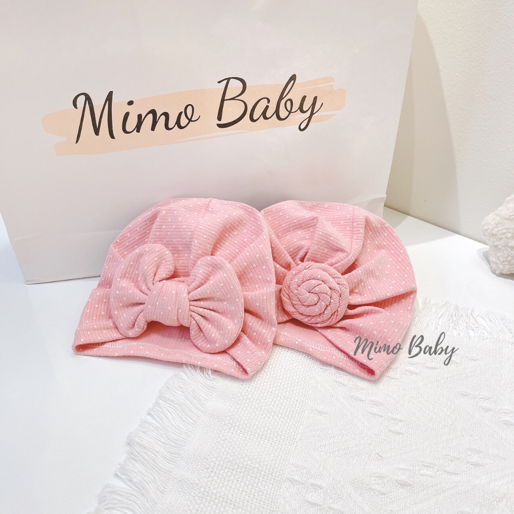 Mũ turban hồng chấm bi đính nơ dễ thương cho bé MTB115 Mimo Baby