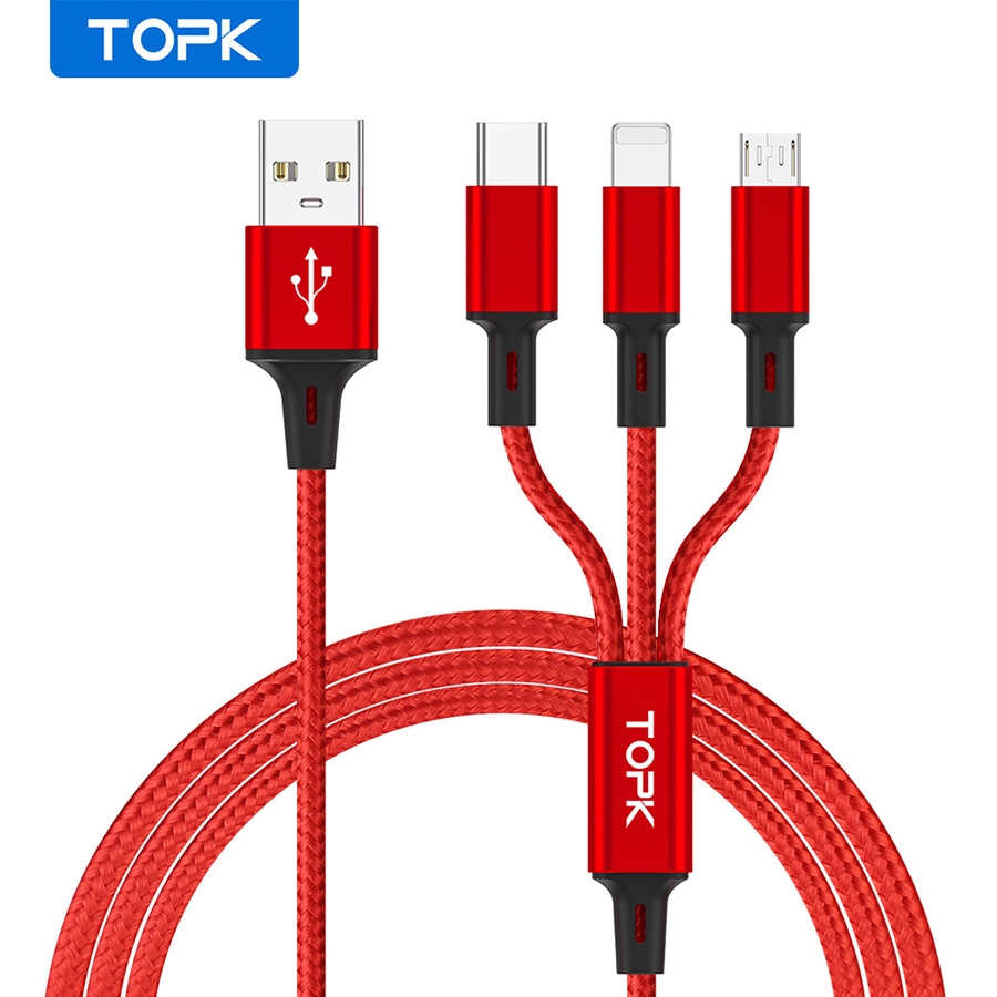 Dây cáp sạc TOPK AN20 nhiều cổng sạc USB micro type C lightning 3 trong 1 cho điện thoại iPhone Samsung Huawei dài 1.2M | BigBuy360 - bigbuy360.vn