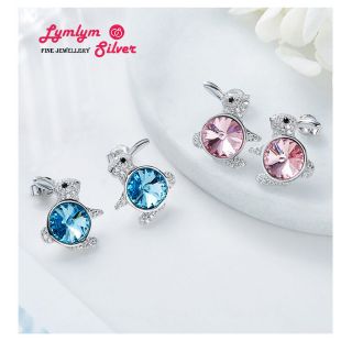 BÔNG TAI NỮ BẠC Ý 925 HÌNH THỎ ĐÍNH PHA LÊ SWAROVSKI 2 MÀU XANH HỒNG SIÊU ĐỘC LẠ - TẶNG KÈM KHĂN LAU BẠC