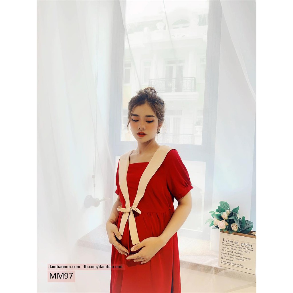 Đầm bầu công sở, váy bầu cột nơ thủy thủ hãng M&M MM97
