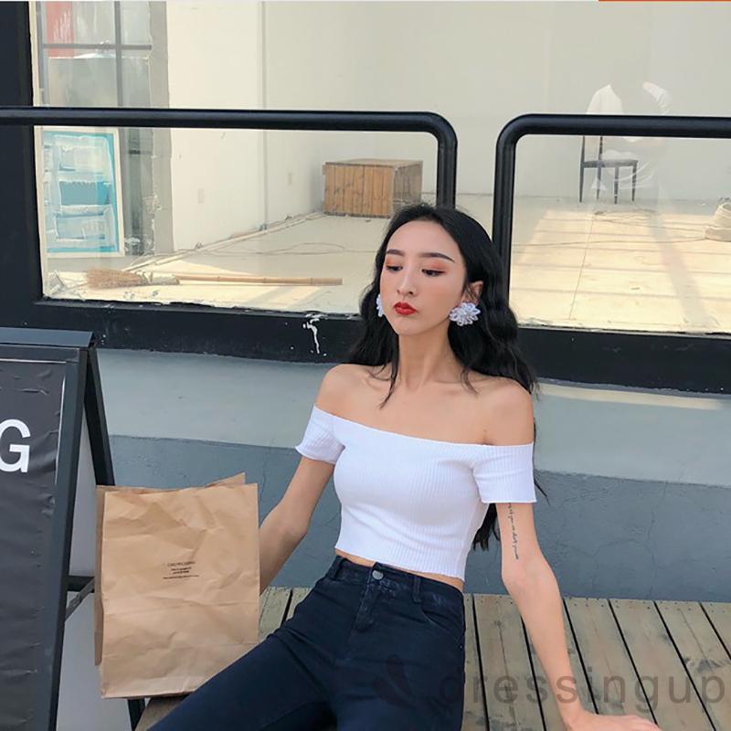 Áo Thun Tay Ngắn Cổ Thuyền Màu Sắc Đơn Giản Cho Nữ