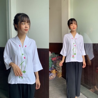Đồ đi chùa áo lam đũi thêu sen