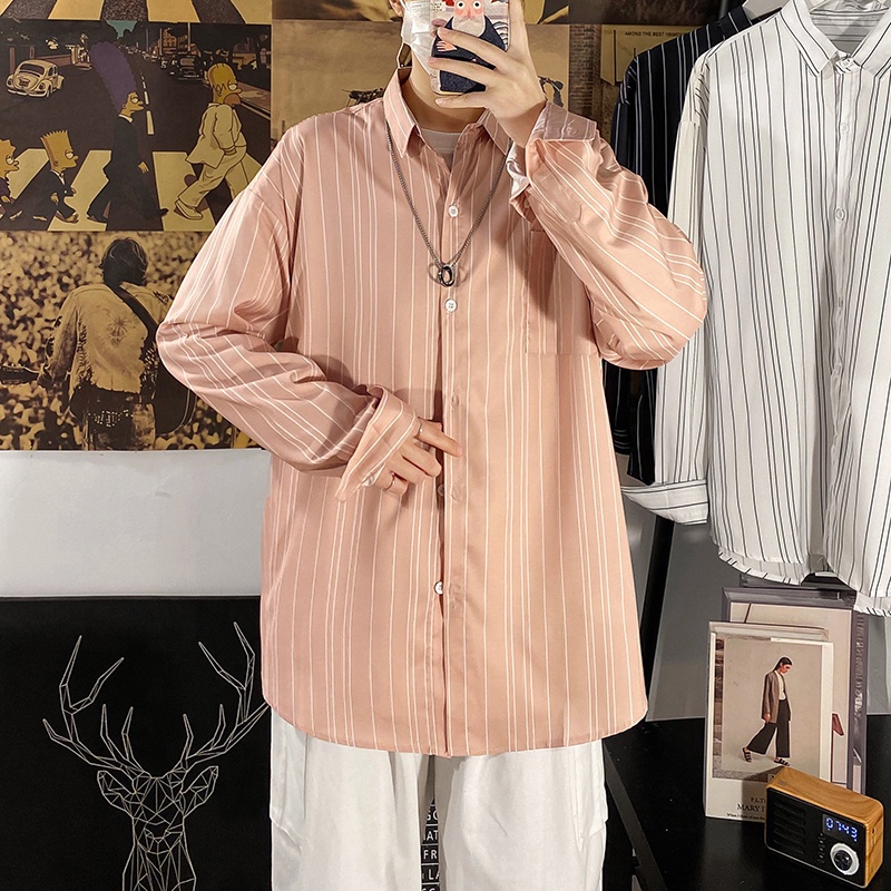 Áo sơ mi cổ đứng tay dài dáng rộng kẻ sọc thoáng khí chống nhăn chất lượng cao cho nam