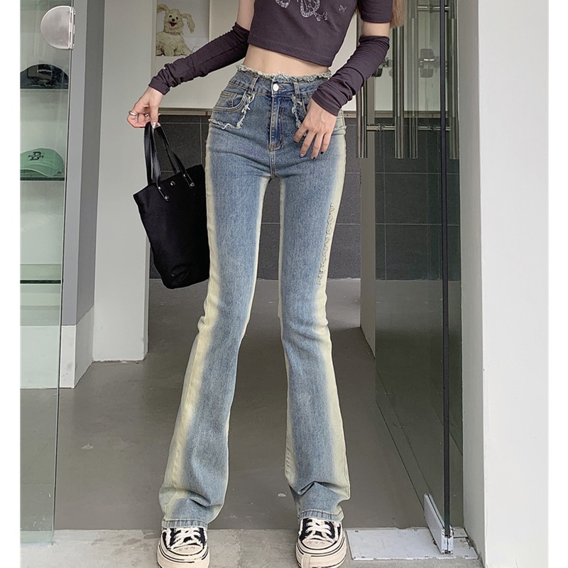 Quần Jeans Skinny Lưng Cao Ống Loe Phối Màu Hợp Thời Trang