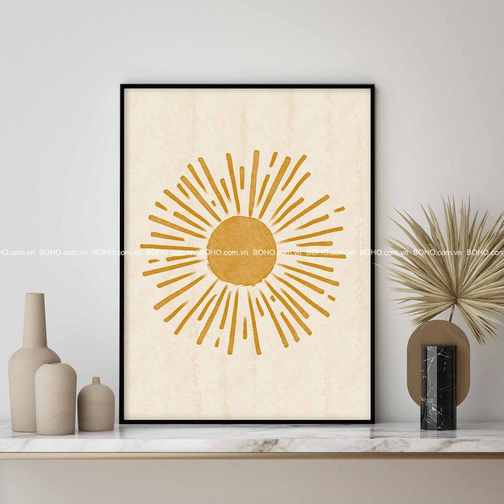 Tranh BOHO trừu tượng mặt trời 40*60cm - Tranh canvas treo tường phòng khách phòng ngủ, tặng đinh 3 chân treo tranh.