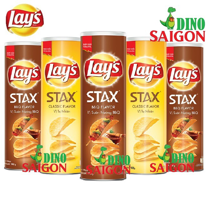 Combo 5 Hộp Bánh Snack Khoai Tây Lay's Stax Malaysia 160g gồm 3 vị Sườn nướng BBQ Và 2 vị Tự nhiên