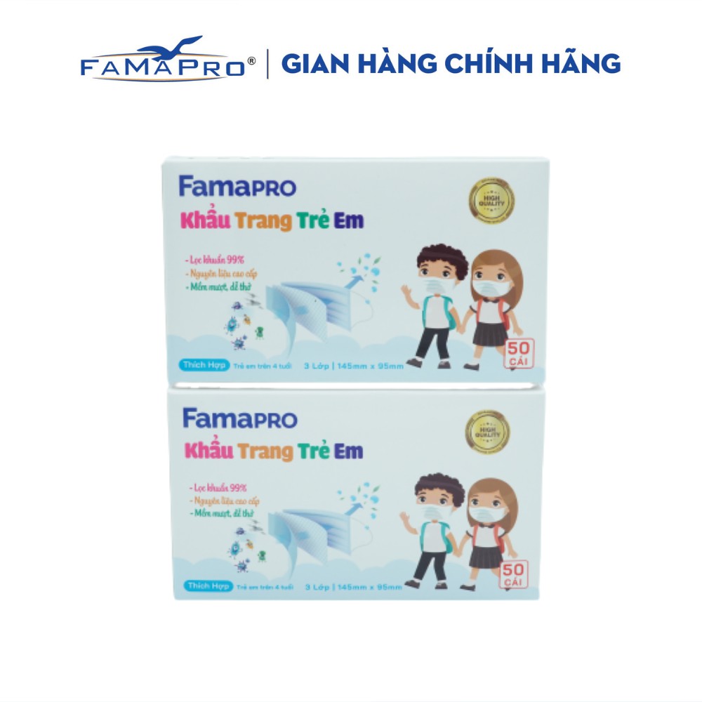 [HỘP-50 CÁI] COMBO 2 HỘP Khẩu trang y tế trẻ em kháng khuẩn 3 lớp Famapro max kid