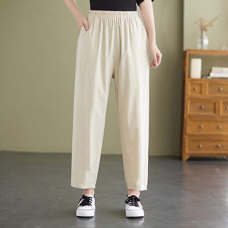 Quần baggy nữ MADELA cạp chun vải đũi trơn - Quần Dài Nữ Vải Đũi Thoáng Mát - QBGD08