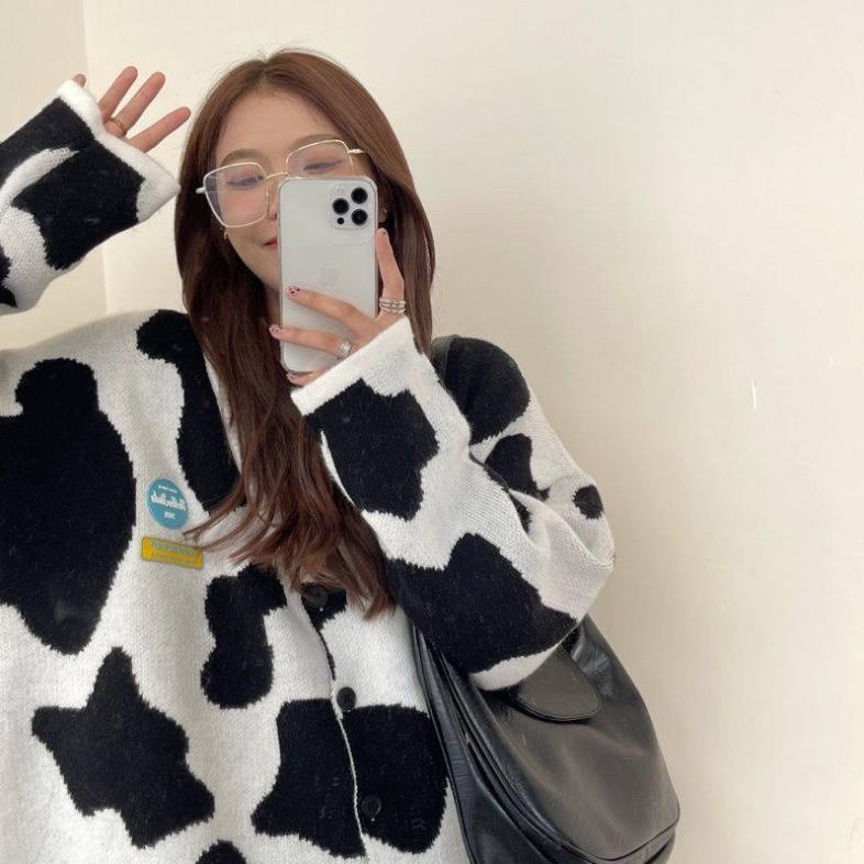 SALE SOCK Freeship Áo Cadigan Len Hoạ Tiết Bò Sữa Kèm Ảnh Thật