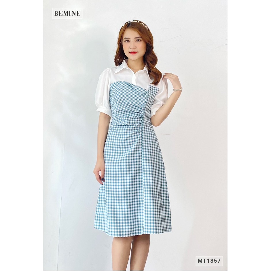 Đầm dáng xòe nữ họa tiết caro cúp ngực phối cổ sơ mi kiểu dáng thanh lịch BEMINE MT1857XANH | BigBuy360 - bigbuy360.vn