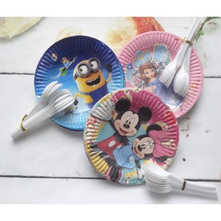 Phụ kiện bánh sinh nhật bánh kem - Combo 10 đĩa giấy hoạt hình + 10 thìa nhựa