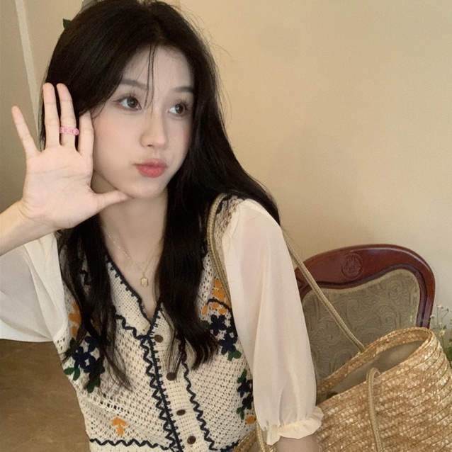 Áo sơ mi ZHELIHANGFEI ngắn tay thêu họa tiết xinh xắn