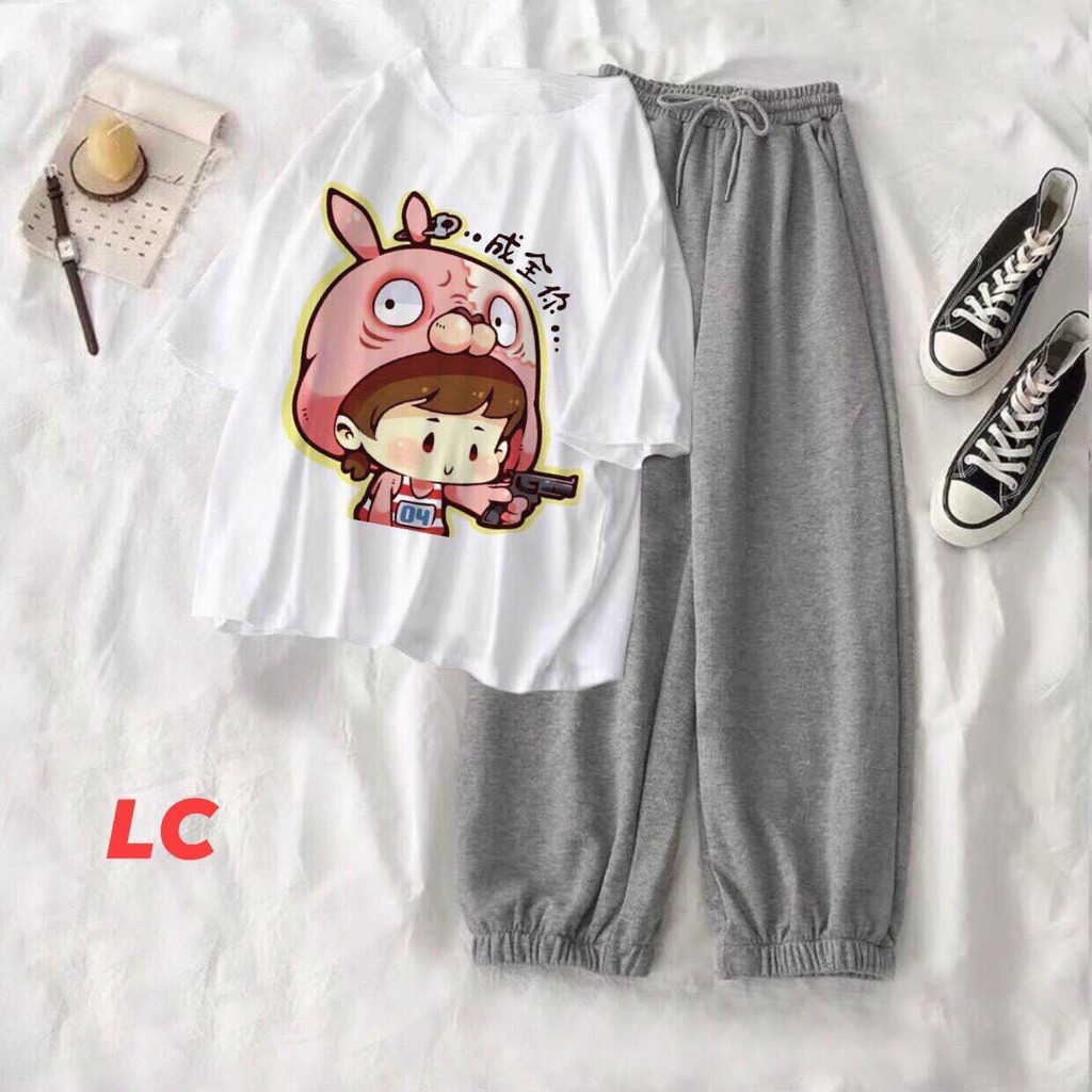 Set Quần Boom Áo Thun Chibi Nữ - Bộ quần jogger kèm áo phông cộc tay in hình hoạt hình kiểu dáng trẻ trung