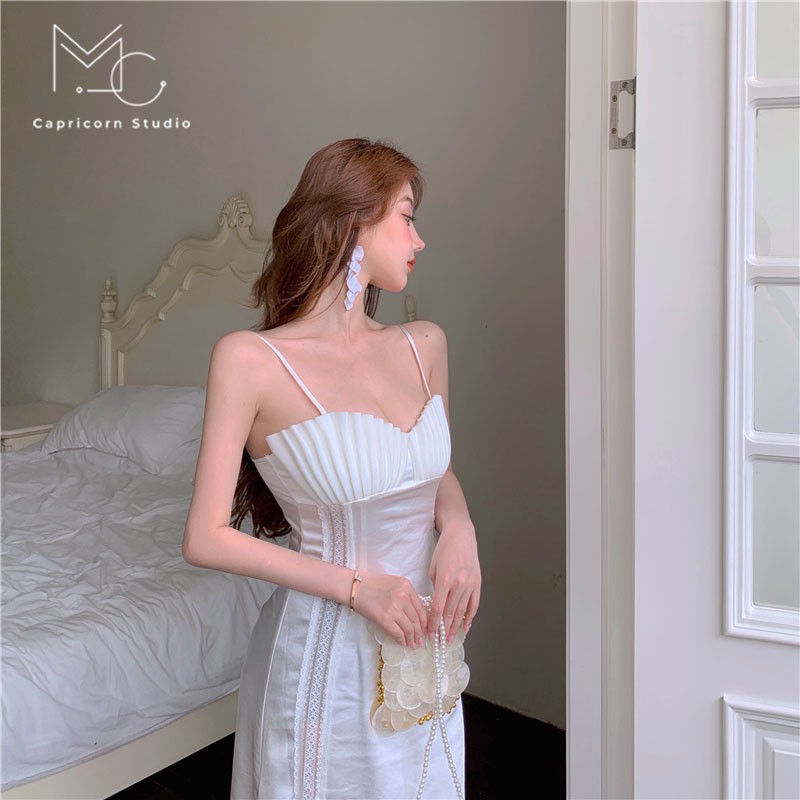 Đầm/ Váy hai dây dáng dài màu trắng khí chất phong cách Pháp