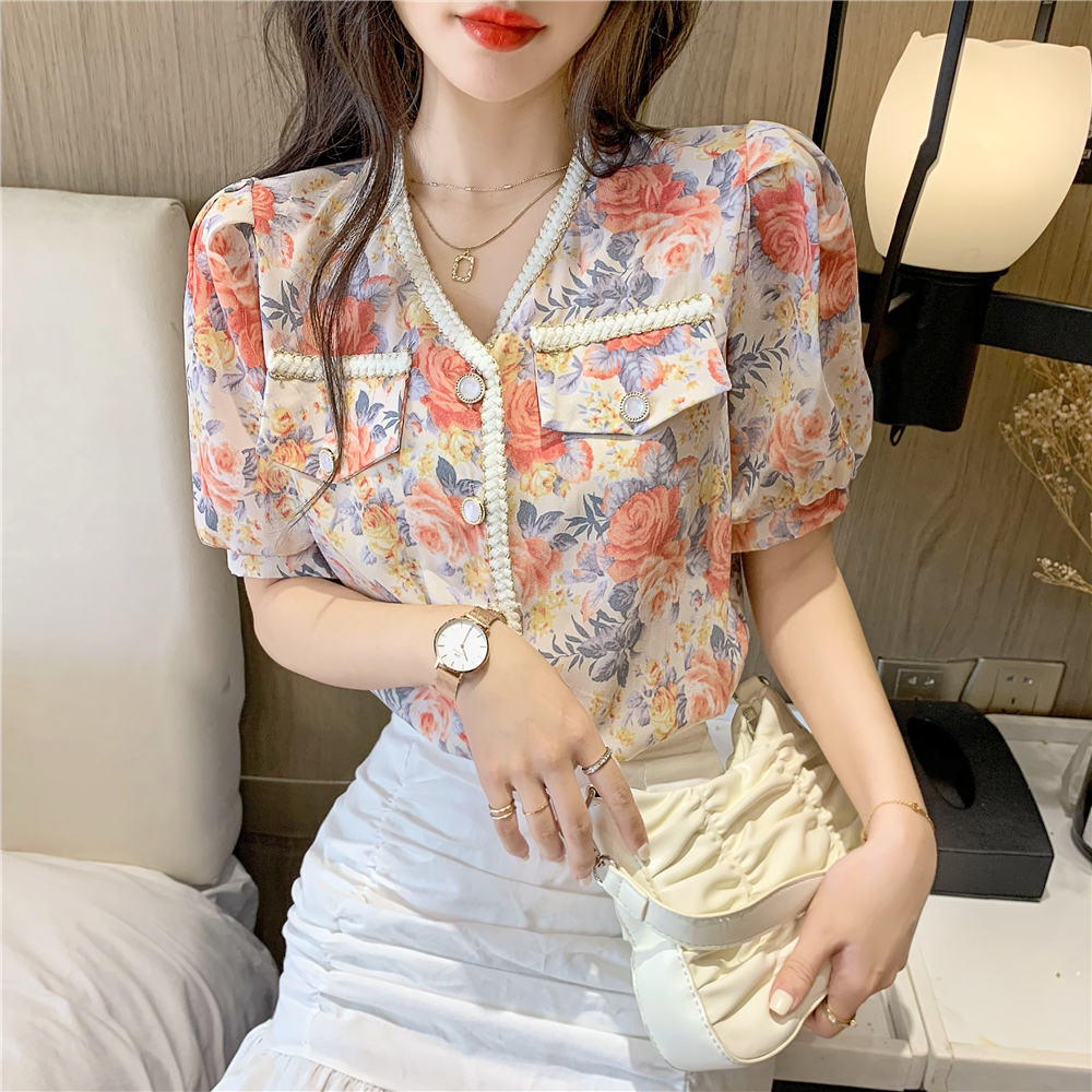 Áo Sơ Mi In Hoa Cổ Chữ V Thời Trang Hàn Quốc