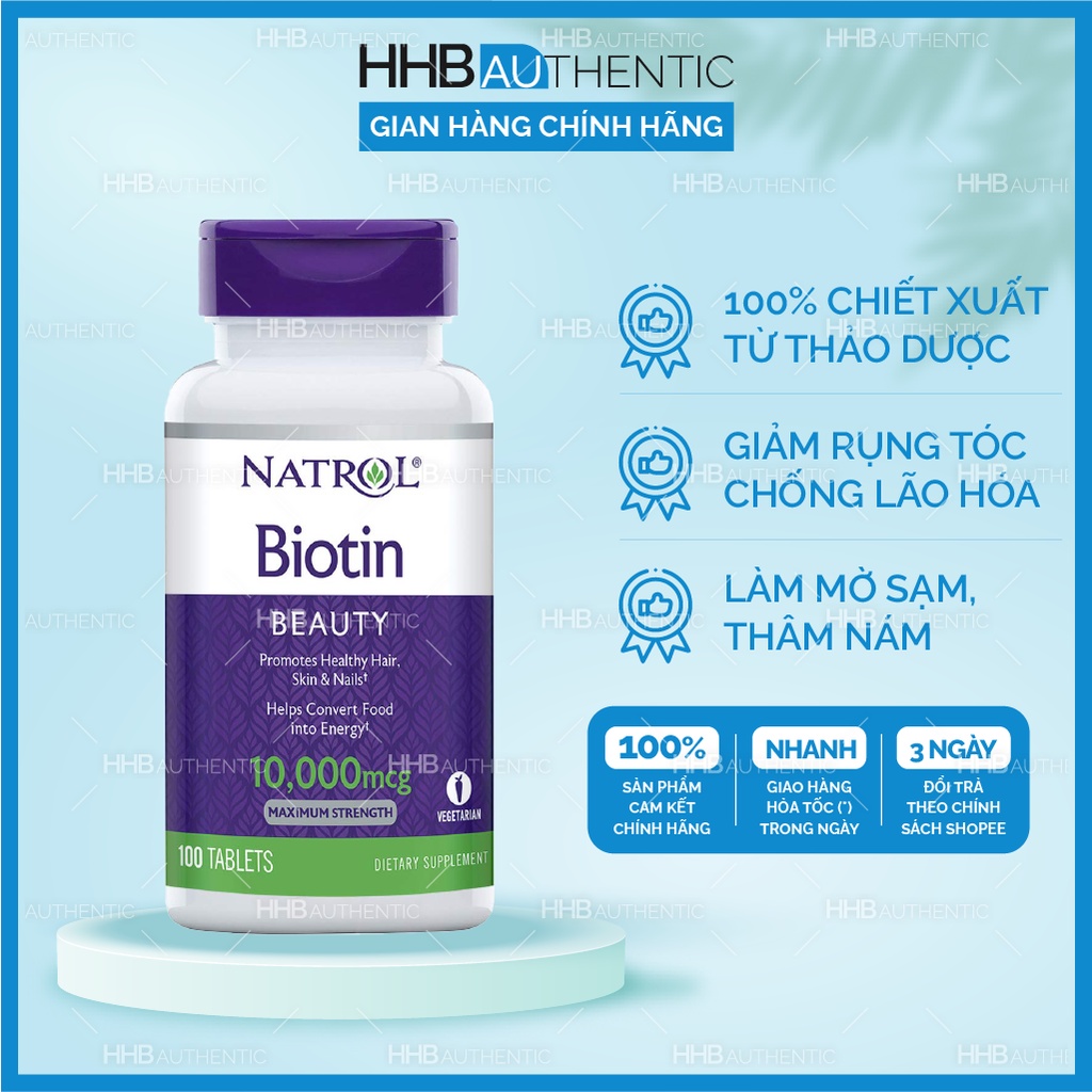 Viên uống mọc tóc Natrol Biotin Beauty 10,000mcg Maximum Strength - Xuất xứ Mỹ