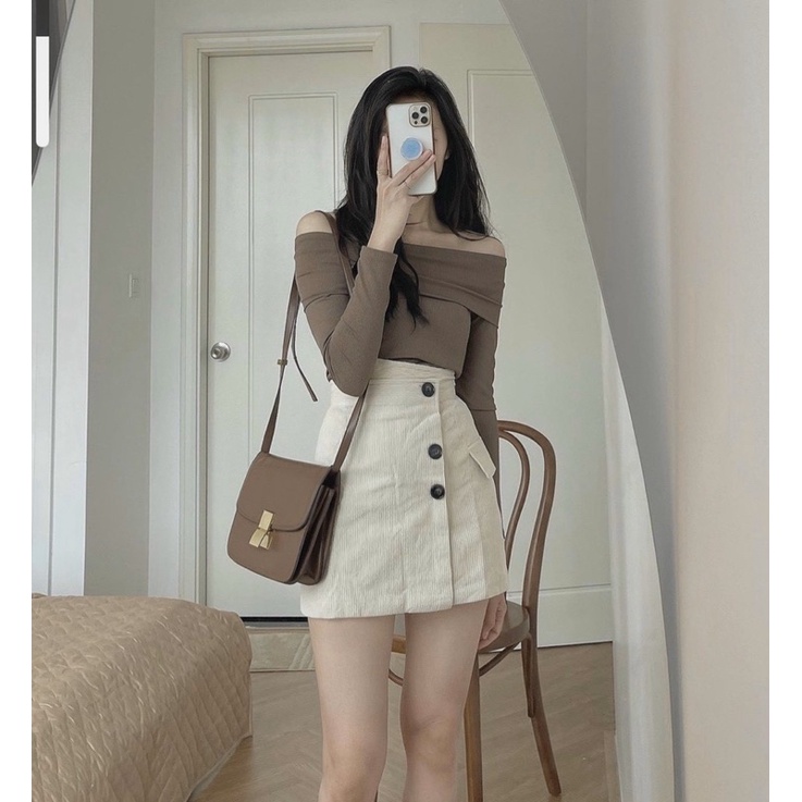 Set Áo Len Trễ Vai Mix Chân Váy Nhung Tăm